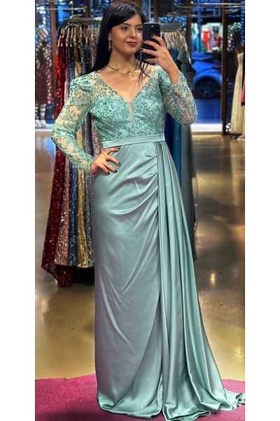 Abiyeniall Mint Long Sleeves Slit Straight Cut Satin Long Evening Dress 7244