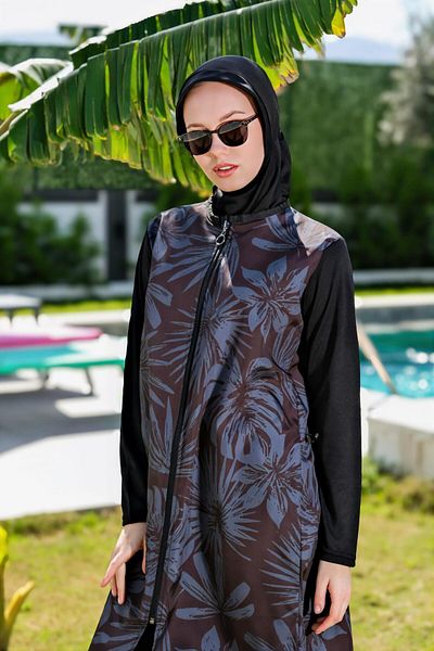 Mayom Full Covered Fast Drying Side Adjustable Zippered Hijab Swimsuit-2423
