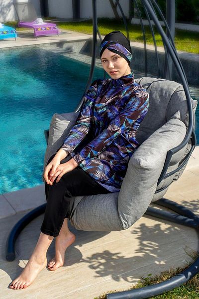 Mayom Blue Tropical Floral Patterned Full Size Lycra Digital Hijab Swimsuit-2414
