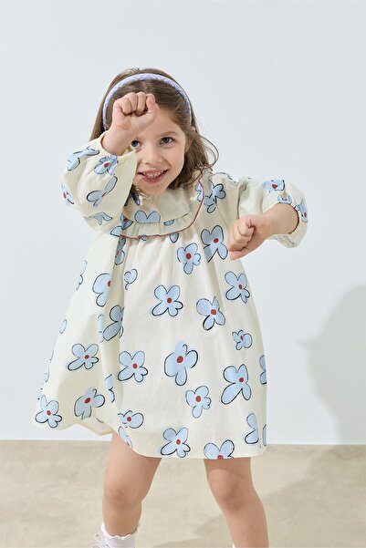 Tics Ecru Ruffled Floral Patterned Dress