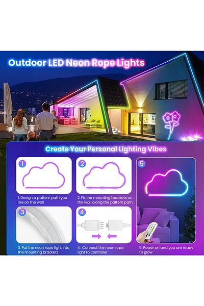 aiopp 10m Rgb Led Neon Rgb Rope Light - 10m Rgb Flexible Lights Strip Gaming Light Music Sync Neon Strip L