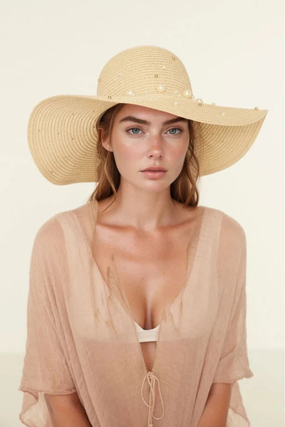 Luminos Butik Bej Incili Geniş Hasır Şapka Hsr2069 Kutulu Gönderim