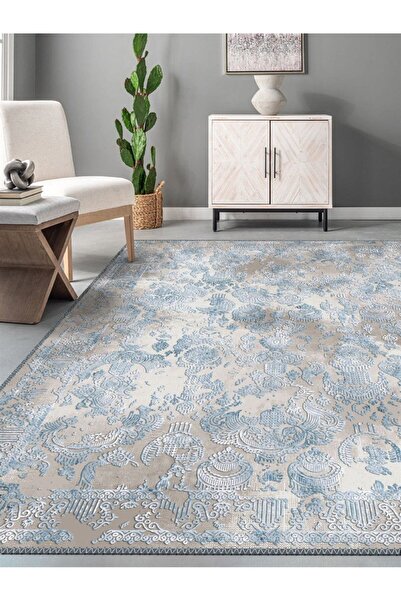 Serteks Ginter Mavi Eskitme Desen Dokuma Taban Salon - Oturma Odası Halısı