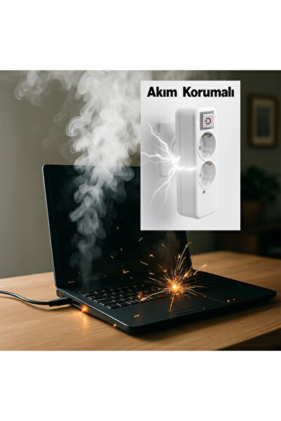 Badem10 Kablosuz Akım Korumalı Anahtarlı 2'li Grup Priz Golyat Düğmeli Fiş Priz Topraklı Çoklu Çoğaltıcı