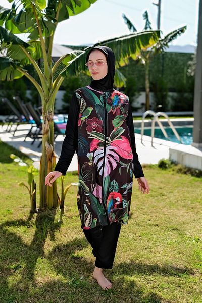 Mayom Fully Closed Quick Drying Side Adjustable Zippered Geled Hijab Swimsuit-2424