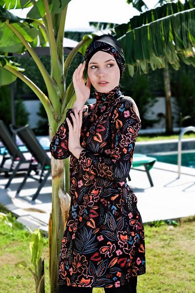 Mayom Red Flower Patterned Full Size Lycra Digital Hijab Swimsuit-2416
