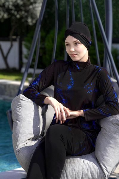 Mayom Blue Floral Patterned Full Size Lycra Digital Hijab Swimsuit-2417