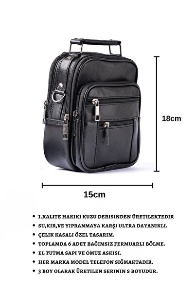 CüzCan Чоловіча чорна сумка з натуральної шкіри зі сталевим корпусом на плече та руку з регульованим ремінцем невеликого розміру