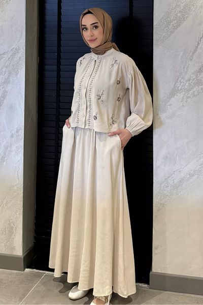 Safgiyim44 Beaded Shirt Skirt Double Hijab Suit Stone