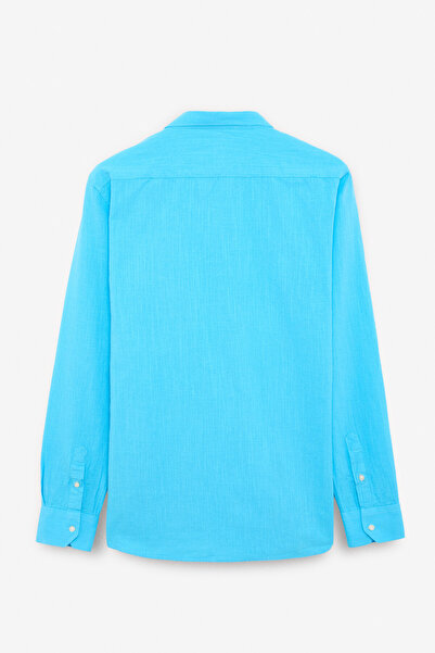 GRIMELANGE Perttu Men's 100% Cotton Slim Fit Slim Fit Buttoned Collar Linen Look Flared Turquoise Shirt