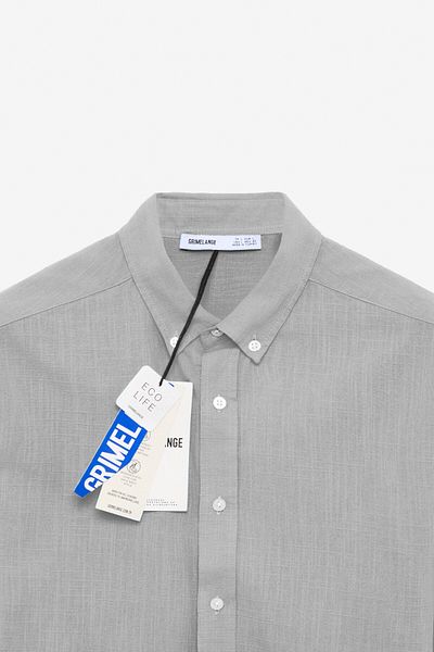 GRIMELANGE Perttu Men's 100% Cotton Slim Fit Slim Fit Button Collar Linen Look Flared Gray Shirt