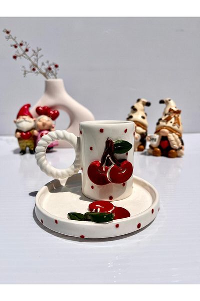 AYLEFE HOBBY Handmade Ceramic Turkish Coffee Cup with Cherry Detail 90 ml