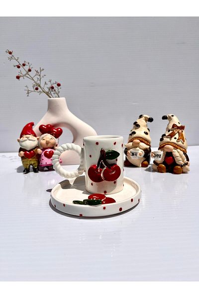 AYLEFE HOBBY Handmade Ceramic Turkish Coffee Cup with Cherry Detail 90 ml