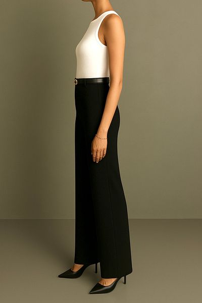 Heyya Women's High Waist Classic Belted Black Fabric Trousers 110 cm