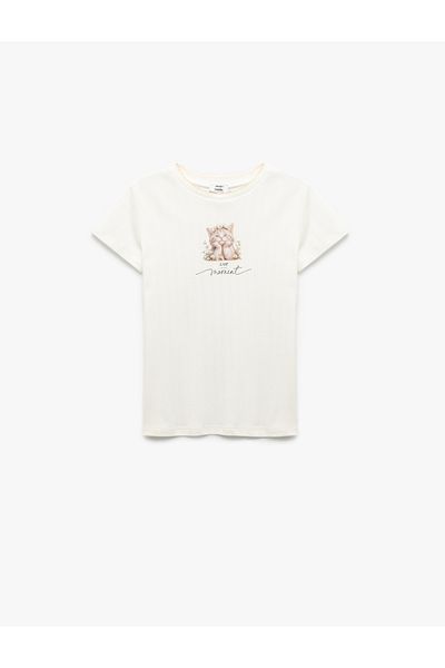 Koton Cat Printed Short Sleeve Crew Neck T-Shirt