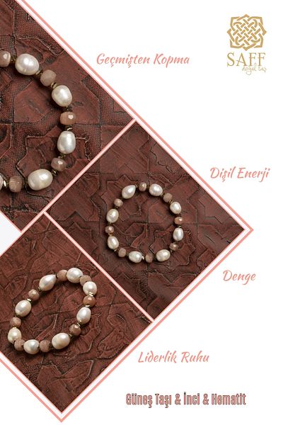 Saff Doğal Taş Certified Natural Sunstone, Pearl and Hematite Bracelet – Energy, Elegance & Balance