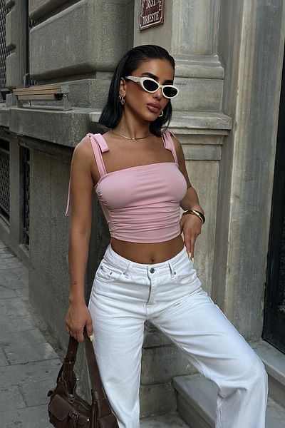 World Fashion Trends WFT5023B Φαρδιές τιράντες Crop Μπλούζα με φιόγκο