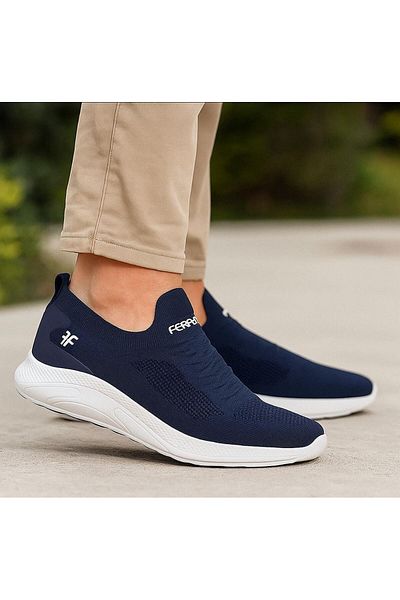 homiro Navy Blue and White Laceless Knitwear Sports Shoes