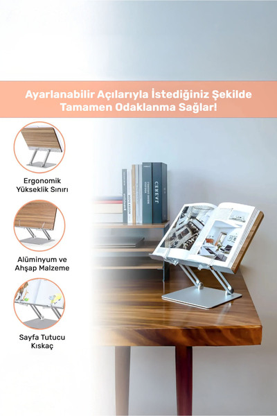 NPO Std002 زاوية القراءة القابلة للتعديل، حامل الكتب/الكمبيوتر اللوحي/الكمبيوتر المحمول من الألومنيوم والخشب الحديث