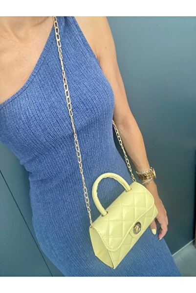 Melos Butik Women's Butter Yellow Yellow Quilted Lock Detailed Hand and Shoulder Bag