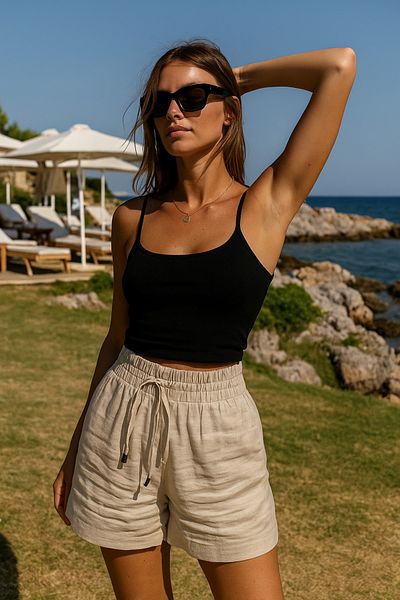 Rich Γυναικείο μίνι λινό σορτς με μπεζ δέσιμο με λεπτομέρειες