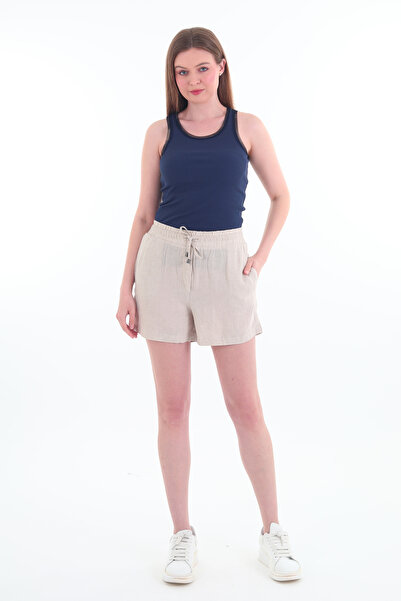 Rich Kadın Bej Bağlama Detaylı Mini Keten Şort