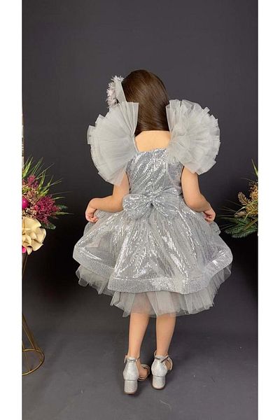 Mnk Baby&Kids Κοριτσίστικο φόρεμα με παγιέτα μανίκι Peacock MNK0537 ΓΚΡΙ