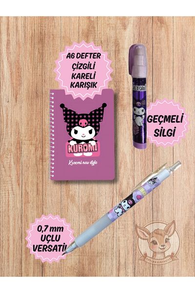 Ceylan Kırtasiye Kuromi Notepad + 07 Versatil Pencils + Egg Laying Rocket Eraser - 3-Piece Chromium Set