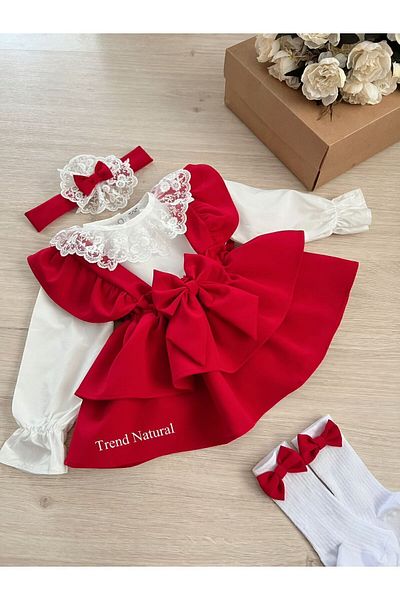 BİYA BABY Girl's and baby red suspenders fold fold skirt salopet gilet shirt bandana socks suit combination