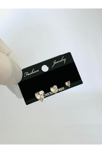 DEMOKAN أقراط نسائية مطلية بشكل خاص مكونة من 3 قطع من حجر الزركون على شكل قلب مضادة للتشويه