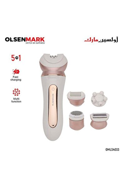 Olsenmark 5-in-1 Epilator Kit White Rose Gold – Wet Dry Use With Shaver Massager Callus Brush Facial Head