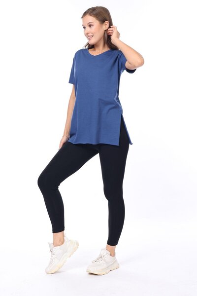 Tight Lady 100% βαμβακερό γυναικείο μπλουζάκι Navy Blue με V λαιμόκοψη στο πλάι με σκίσιμο ασύμμετρο βαμβακερό πλεκτό T-shirt T-shirt τουνίκ