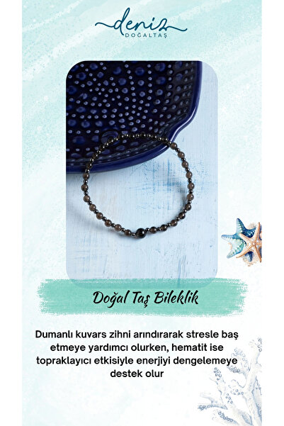 Deniz Doğal Taş Sertifikalı Dumanlı Kuvars ve Hematit Doğal Taş Bileklik