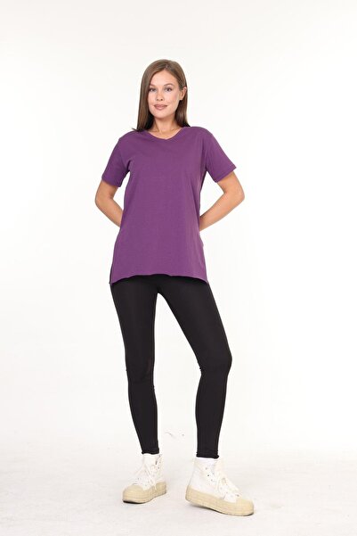 Tight Lady 100% βαμβακερό γυναικείο μωβ μπλουζάκι με λαιμόκοψη σε σχήμα V με ασύμμετρο χτενισμένο βαμβακερό πλεκτό μπλουζάκι