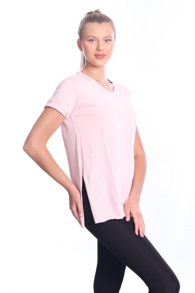 Tight Lady 100% βαμβακερό γυναικείο ροζ V λαιμόκοψη στο πλάι με σκίσιμο ασύμμετρο χτενισμένο βαμβακερό πλεκτό μπλουζάκι μπλουζάκι τουνίκ