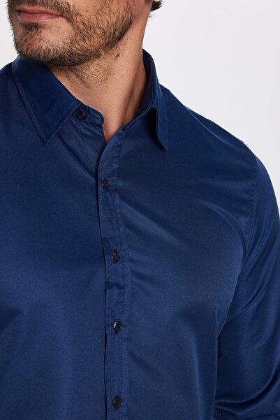 Tudors Slim Fit Uzun Kollu Kolay Ütü Teri Emen Nefes Alan Doku Kravatlık Dört Mevsim Lacivert Erkek Gömlek