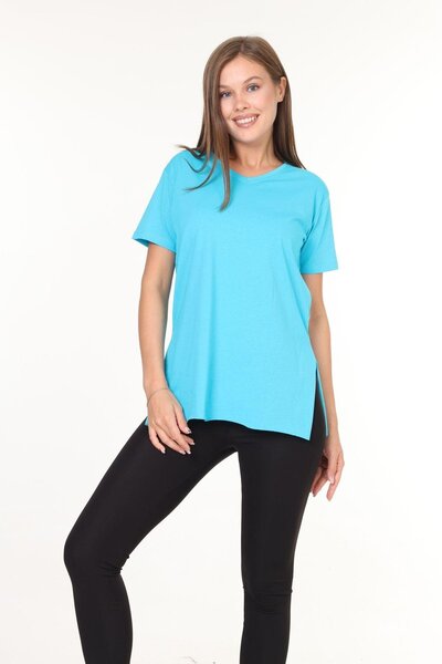 Tight Lady Turcoaz Albastru Decolteu în V - Fante laterale Tricou asimetric Tunica 100% bumbac Femei