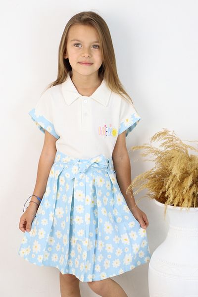 ESİLA KİDS Costum pentru fete Guler polo Model floral Fusta plisată cu centură Set 2 piese Combinație de vară 4-8 ani