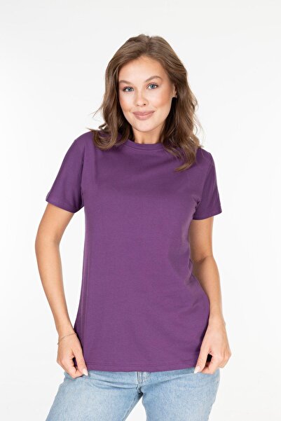 Tight Lady %100 Pamuk Kadın Tişört Düz Renk Mor Bisiklet Yaka Kısa Kol Penye ...