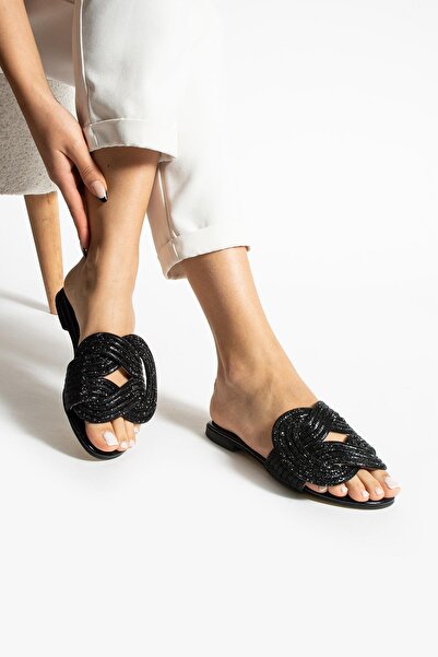 Asilkadın Lenora Glitter Stone Catching Elegance Slippers Sandals-Black
