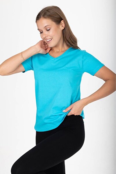 Tight Lady Tyrkysově modré dámské základní tričko s výstřihem do V – 100% bavlna česaná bavlna