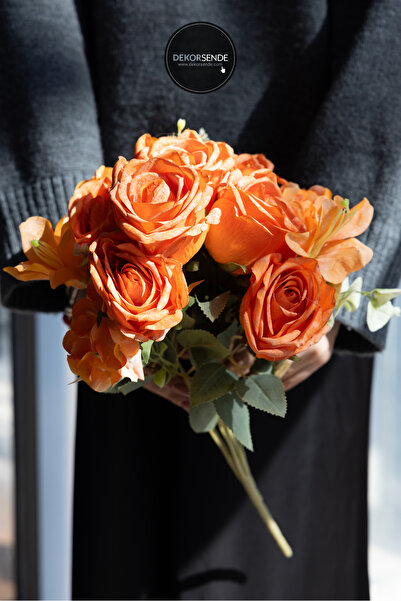 Dekorsende Yapay Gül Lilyum Ortanca Demeti 49 cm Turuncu