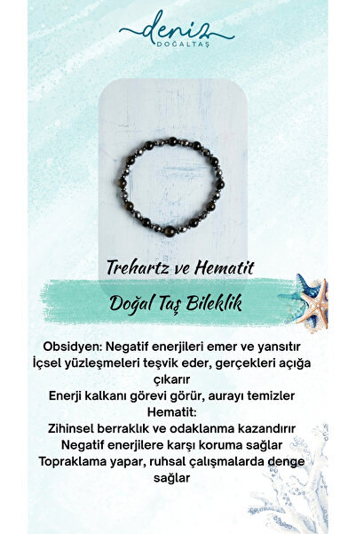 Deniz Doğal Taş Sertifikalı Obsidyen ve Hematit Negatif Enerji Bloklayıcı Doğal Taş Bileklik