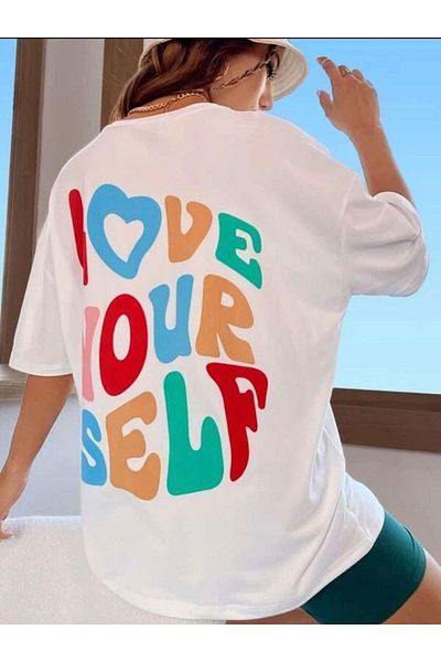 Tight Lady Tricou supradimensionat din bumbac pieptănat de calitate superioară, 100% bumbac, cu imprimeu Love pe spate și față