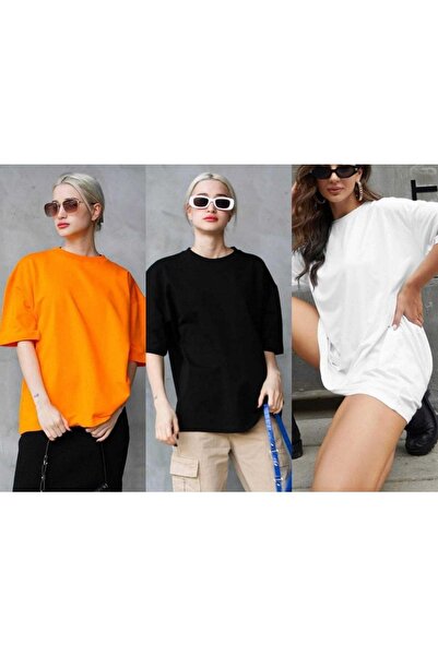 Tight Lady 3lü Paket Süper Kalite Unisex Pamuk Siyah Beyaz Oranj Oversize Boy...