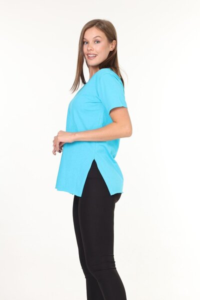 Tight Lady Turcoaz Albastru Decolteu în V - Fante laterale Tricou asimetric Tunica 100% bumbac Femei