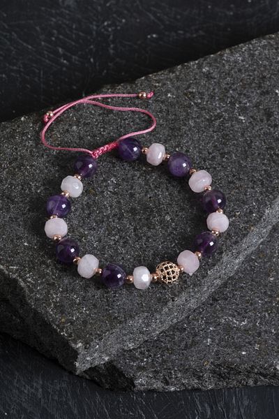 OSMANLI DOĞAL TAŞ Certified Amethyst and Pink Quartz Natural Stone Bracelet