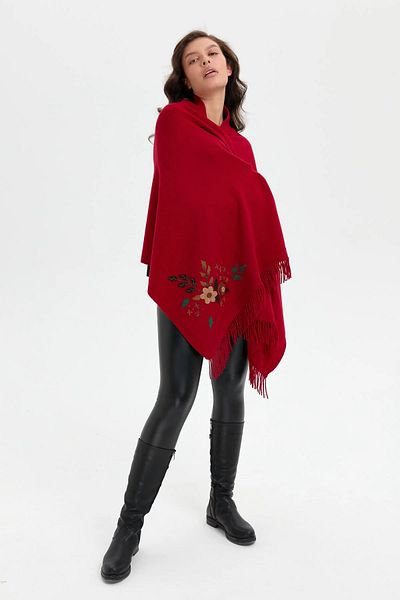 Desen Triko Red Daisy Embroidered Tasseled Women's Wool Shawl