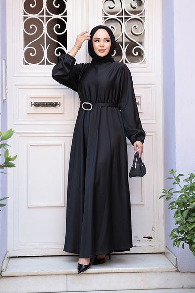 Neva Style Rochie neagră din satin pentru hijab 5727s