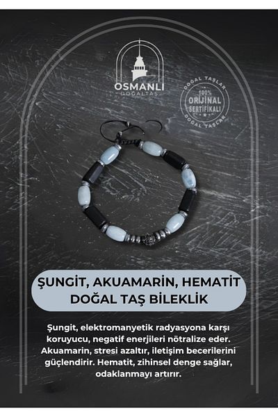 OSMANLI DOĞAL TAŞ Certified Shungite, Aquamarine and Hematite Natural Stone Bracelet